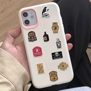 Retro vintage poison potion stickers set on phone case featuring skull and crow designs