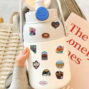 Las Vegas themed stickers set with landmark designs on a white water bottle mockup