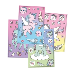Set of 4 DIY unicorn make-a-face stickers with colorful wings and facial features