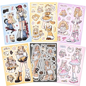 Détail de 6 autocollants coréens de filles chats pour le scrapbooking et la déco