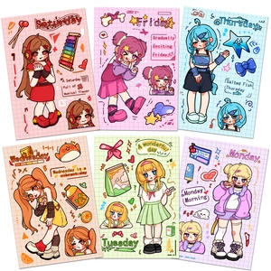 Close-up of six colorful DIY sticker sheets featuring cute anime girls for journals