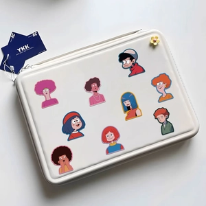 Flat cartoon girl stickers on a white shockproof laptop case with YKK zipper