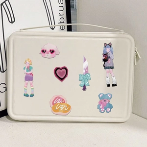 Housse d'ordinateur beige style Y2K avec autocollants DIY mignons d'anime et d'animaux