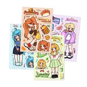 Close-up of four colorful DIY stickers featuring anime girl characters and weekday labels