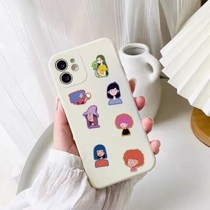 Flat cartoon girl stickers applied on cream matte phone case for a minimalist custom style