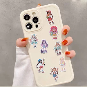 Close-up of cute cartoon girl stickers applied on a cream-colored phone case