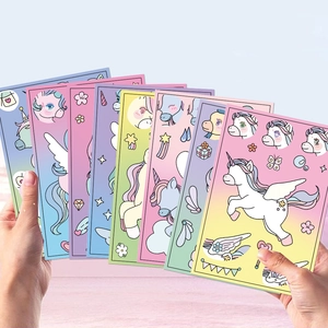 Detailed view of DIY cartoon pony sticker sheets for children with rainbow unicorn patterns