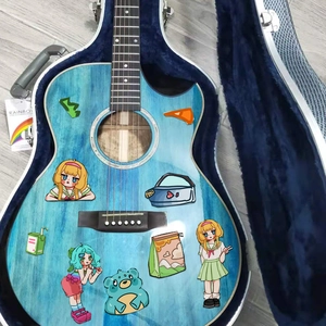 Blue wood grain acoustic guitar with cartoon dopamine stickers in a velvet hard case