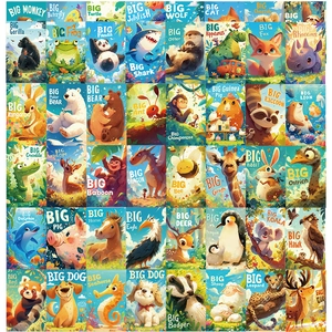 Vue détaillée en grille de 45 autocollants d'animaux colorés pour livres et ordinateurs