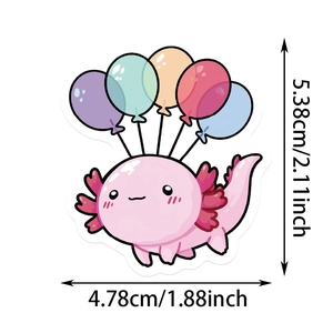 Détail montrant les dimensions du sticker axolotl à 5,38 cm sur 4,78 cm de hauteur