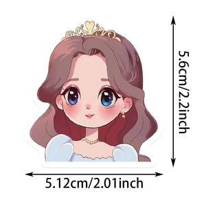 Detailed view of a cute cartoon girl sticker showing dimensions of 5.6cm by 5.12cm