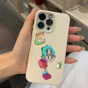Cream white iPhone Pro case featuring cute hand-drawn cartoon girl stickers and icons