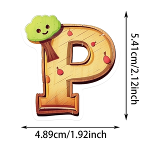 Cartoon letter P sticker with wooden texture and smiling tree, size 5.41cm by 4.89cm