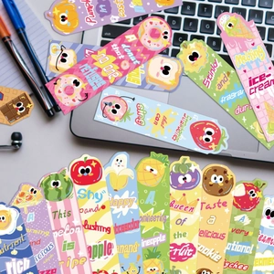 Set of 30 cute cartoon food bookmarks featuring colorful fruit and snack designs for reading