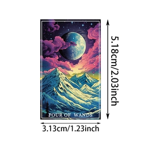 Detail view of fantasy tarot sticker Four of Wands with mountain and moon scenery
