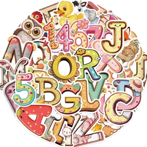Detail showing cartoon animal alphabet and number stickers with a creative waterproof finish