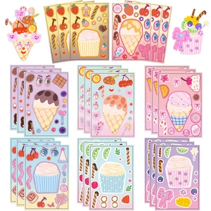 Cartoon Birthday Cake Make A Face Sticker DIY Educational Puzzle Toy For Kids PVC Waterproof Dessert Fruit Decal