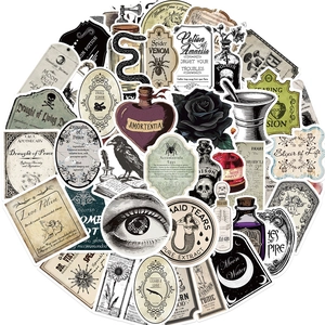 Gothic potion bottle stickers with skull and raven designs for laptop and luggage