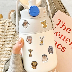 Creamy white cartoon thermal water bottle with cute hand-painted animal stickers