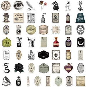Set of 50 vintage gothic apothecary stickers with dark magic and potion themes