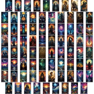 Complete 78 tarot cards set with mystic fantasy illustrations and English names in matrix layout