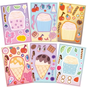 Detail of 6-pack cartoon cake stickers featuring cupcakes, ice cream and fruit elements