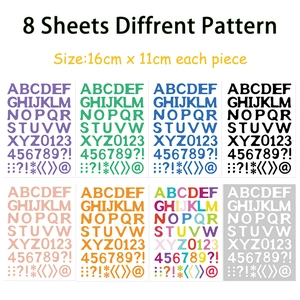 Detailed set of 8 colorful alphabet and number stickers for scrapbooks and cases