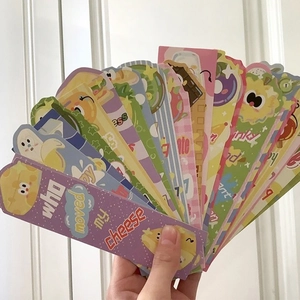 Handheld fan display of cute colorful cartoon food bookmarks with unique irregular shapes