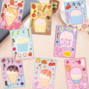 Set of 8 colorful DIY cartoon cake and ice cream make-a-face stickers for kids