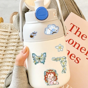 Cute cream sports water bottle with blue flip lid and cartoon stickers for girls