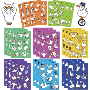 Detailed view of 8 colorful cartoon goose stickers showing various funny activities and poses