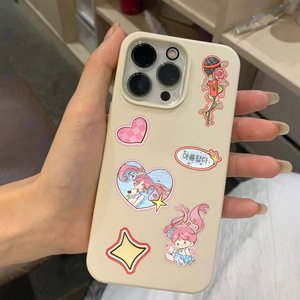 Detail of DIY KPOP girl group stickers on a beige silicone iPhone phone case back
