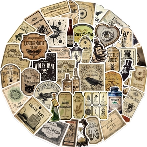 Macro detail of Gothic apothecary stickers with vintage occult labels for decoration