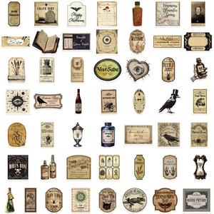 Detailed grid view of 48 gothic apothecary stickers featuring skulls and poison vials