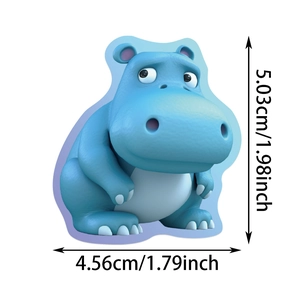 Detail view of 5cm cute blue hippo cartoon sticker showing precise dimensions on white background
