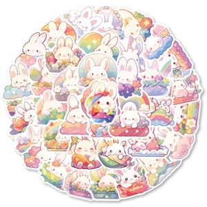 Vue détaillée d'autocollants lapin pastel avec motifs arc-en-ciel et fleurs