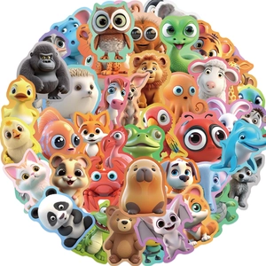 Close-up of assorted 3D cartoon animal stickers including pandas, lions and owls