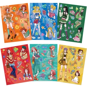 Close-up of 6 colorful anime superpower girl stickers for DIY collage on phone or laptop