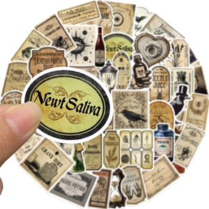 Detailed close-up of gothic apothecary potion stickers for laptop and luggage decor