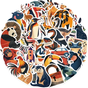 Detail of assorted cartoon animal and transport stickers with white borders for decoration