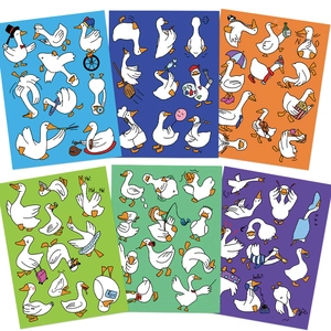 Detail showing set of six cute cartoon goose stickers with colorful backgrounds for DIY decor