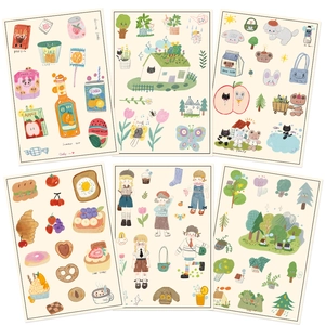 Detailed sheet of 6 cute Korean-style waterproof hand-drawn DIY decorative stickers