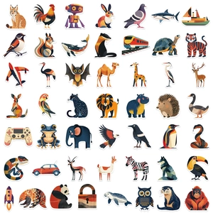 Collection of 50 colorful cartoon art stickers featuring animals and vehicles for decoration