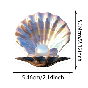 Dettaglio dell'adesivo con conchiglia e perla iridescente con dimensioni 5,46cm per 5,39cm