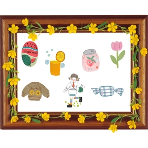Cute Korean style cartoon stickers set featuring fruit and characters in wooden frame