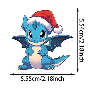 Detail of cute blue cartoon dragon sticker with Santa hat and size dimensions in inches