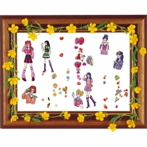 Close-up of waterproof anime superpower girl stickers for DIY phone cases and journals