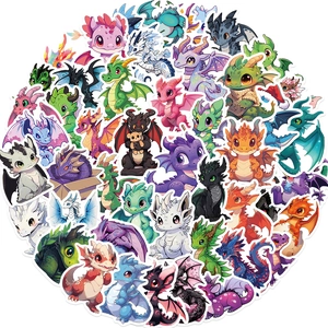 Close-up of 50 cute cartoon dragon vinyl stickers with colorful various fantasy designs
