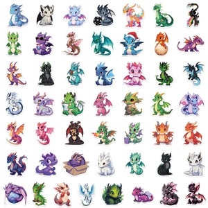 Set of 50 cute cartoon dragon stickers in 7x7 grid for laptops and skateboards