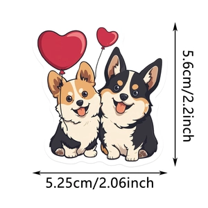Cartoon Corgi puppy stickers with red heart balloons and size dimensions of 5.6cm by 5.25cm